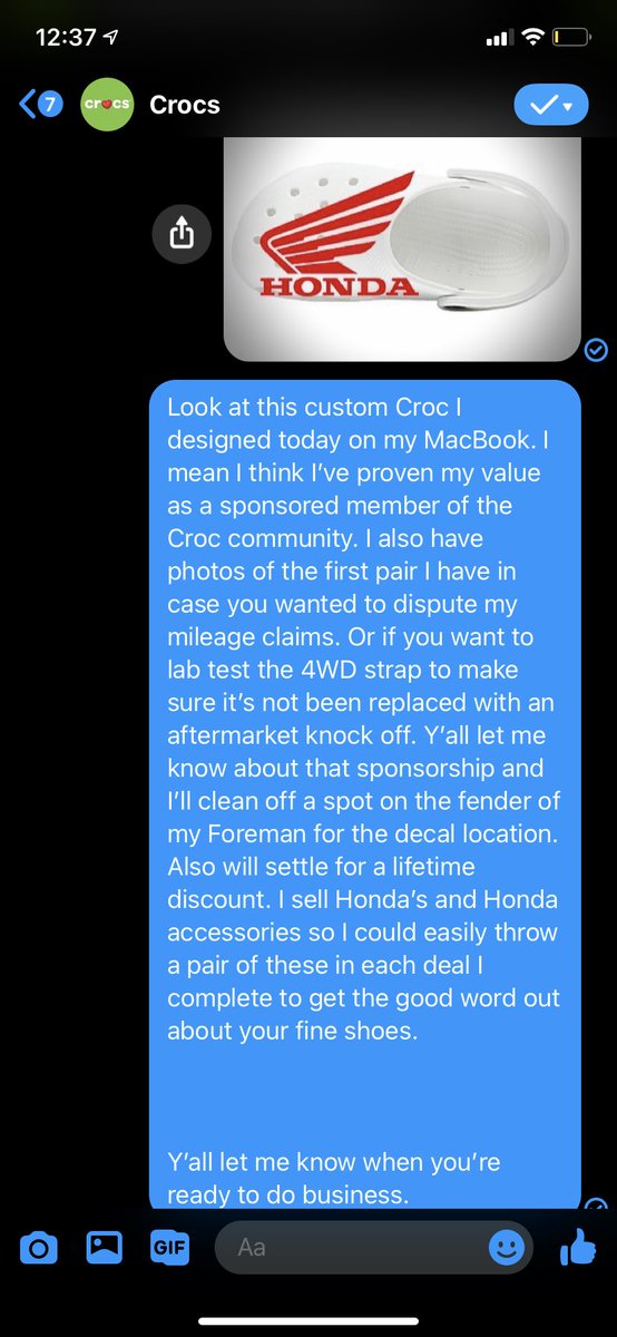 MasterGThuggin's tweet photo. Guys I’m asking your help in getting me sponsored by Crocs. I’m wanting them to make me some custom Honda Crocs. Y’all make this happen. @Crocs #HondaCrocs https://t.co/FS2qmk4e7a