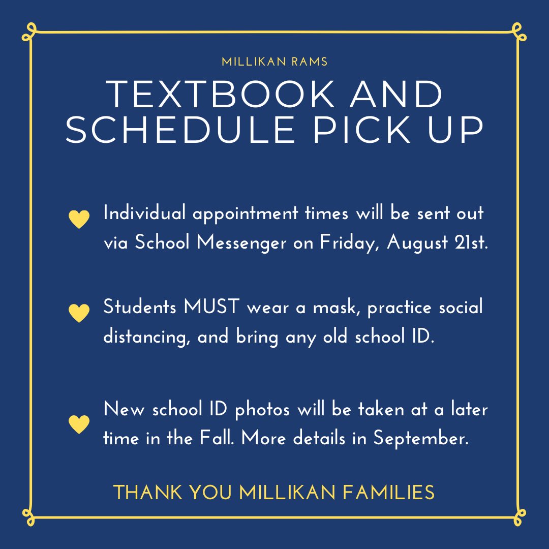 Save the dates Rams! It’s almost time to get your official schedule and textbooks. Individual appointment times will be sent out Friday, August 21st. Info will also be posted on our website and social media as well. 💙💛#proudtobeLBUSD