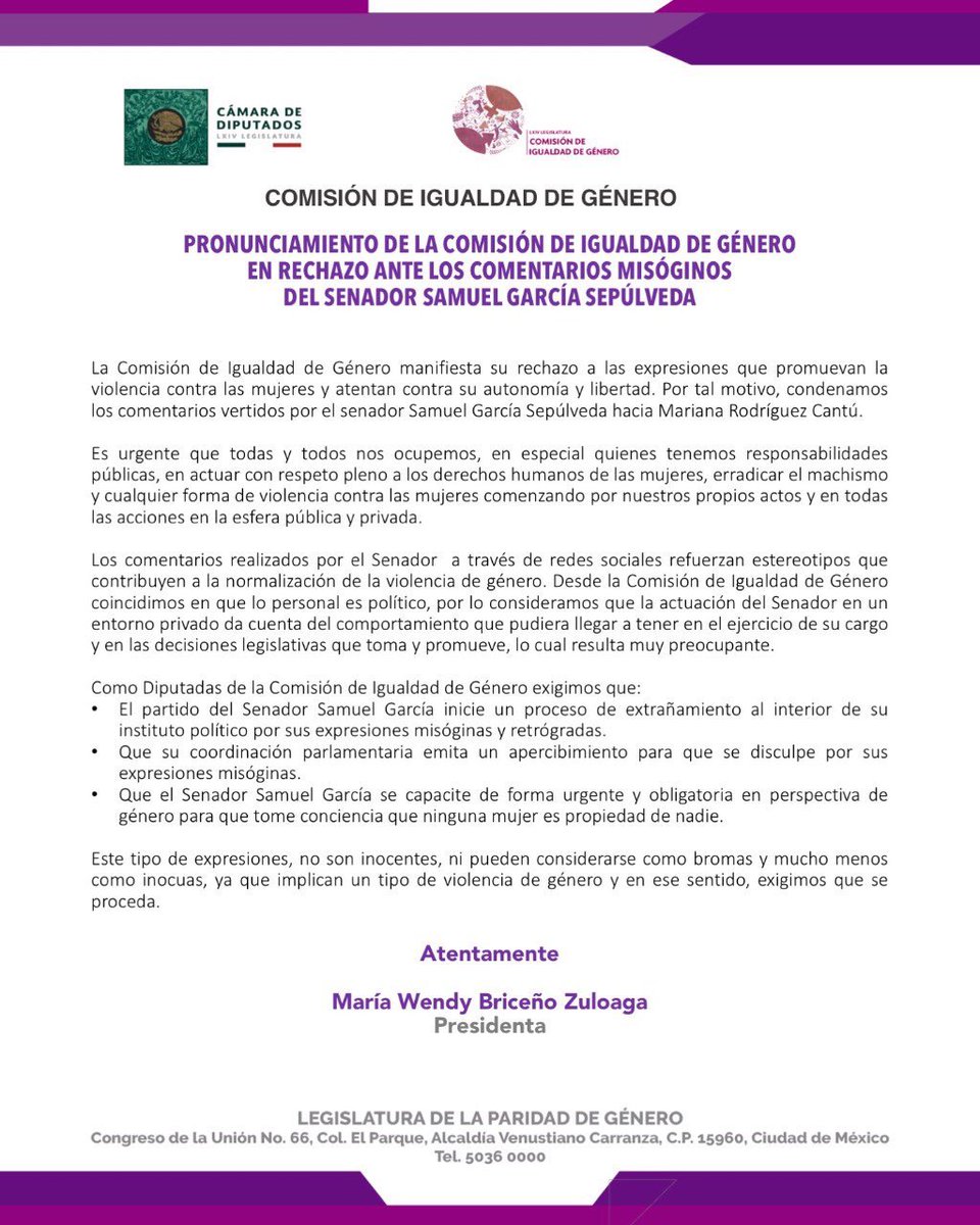 DorhenyCayetano's tweet photo. Las Diputadas de la Comisión de Igualdad de Género nos pronunciamos en contra de los comentarios misoginos externados por el Senador @samuel_garcias y exigimos que tome de manera urgente una capacitación en perspectiva de género y sea apercibido por su partido. https://t.co/4Mo56aRg77