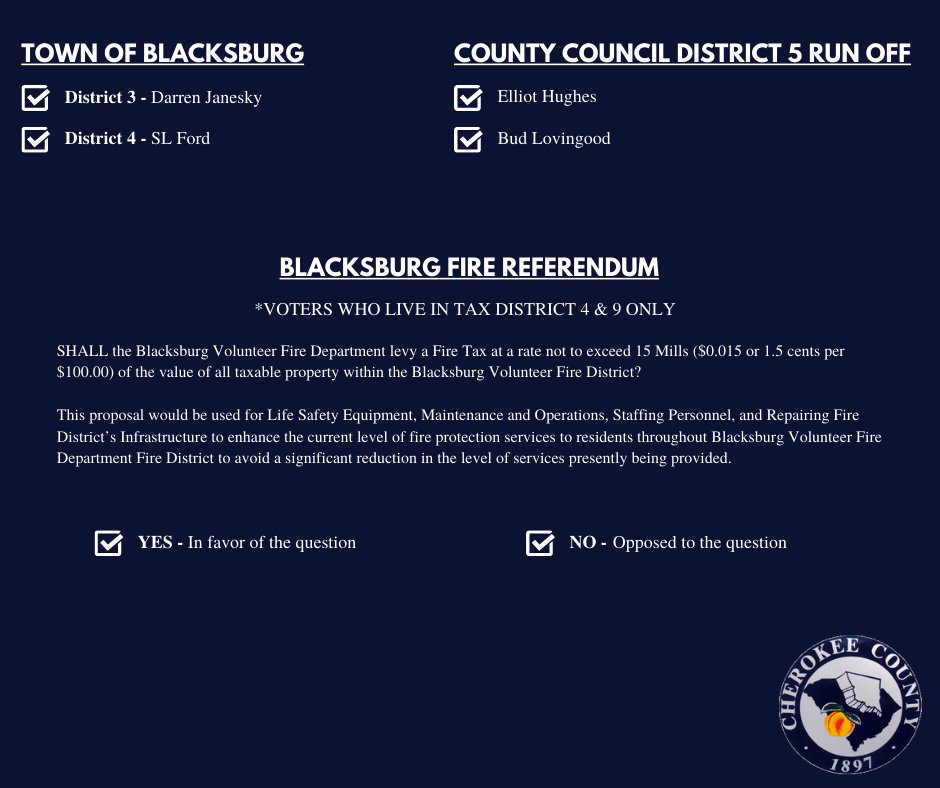 CherokeeCounty7's tweet photo. Local elections will take place tomorrow, August 11th. Please see below for the candidate list. Please note, that the voter's ballot will only have the district and/or municipality they live in. https://t.co/I4PCQBw6QS