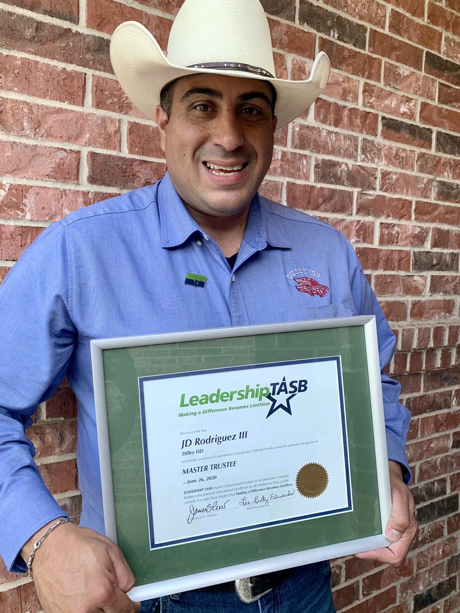 JDRodriguezIII1's tweet photo. Today I received my certificate as a Master Trustee from #LeadershipTASB. I have learned so much this past year. Looking forward to bringing all that knowledge to better serve @DilleyISD #TxED #WolfPride #LTASB2020 https://t.co/Abxb8P8KSM