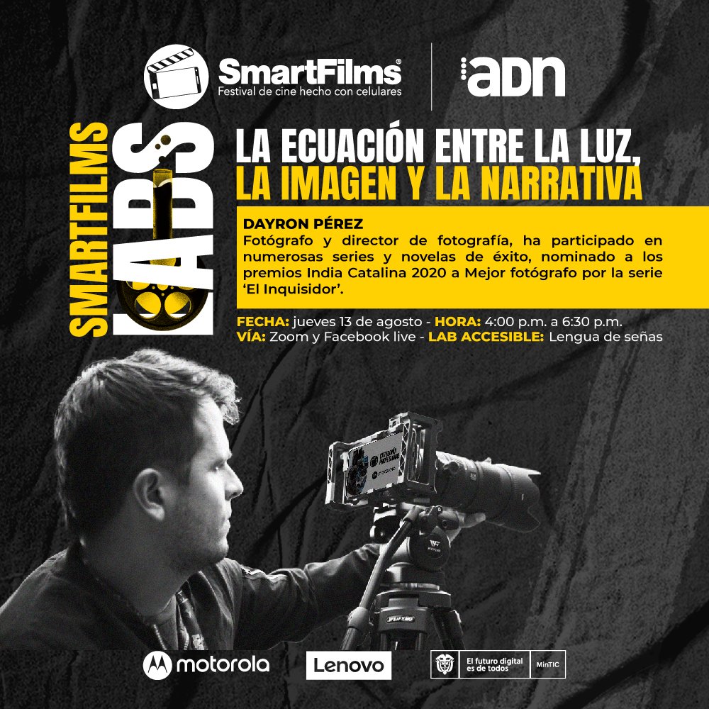smartfilmsco's tweet photo. No faltes al #SmartFilmsLabs Fotografía ”La ecuación entre la luz, la imagen y la narrativa” este jueves 13 de agosto desde las 4:00 p.m. Con el apoyo de @adncolombia.
Regístrate sin costo: https://t.co/qftW3b0CIx
#SmartFilms #YoSoySmartFilms #Cortos #Cine https://t.co/jP5q8rxRPJ