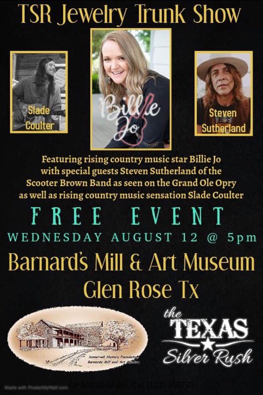 Barnardsmill's tweet image. Not your usual night at the museum. Join us August 12, 2020 for a night filled with jewelry, music and see parts of our restored cotton gin. #jewelryispower #barnardsmill #texasmusicscene #NHP #Texaslandmark #BillieJoMusic #TexasSilverRush #SladeCoulter #StevenSoutherland