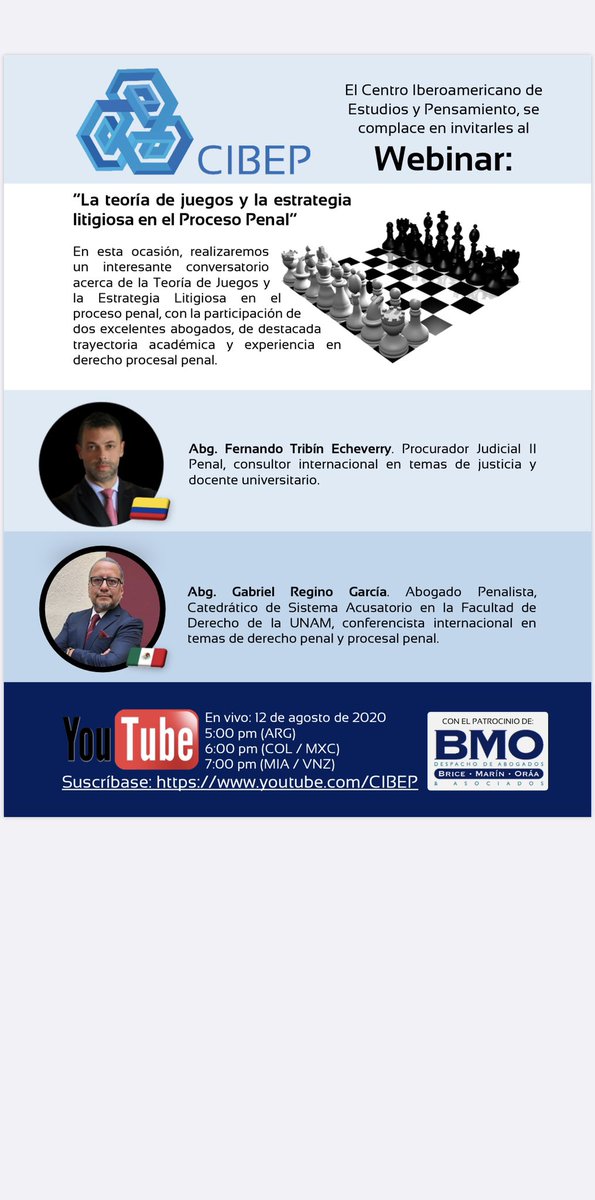 fernandotribin's tweet photo. El próximo miércoles 12 de agosto a las 6 PM Col/Mx., los espero a compartir en el conversatorio “Teoría de Juegos y Estrategia Litigiosa en el Proceso Penal”. https://t.co/PWxxcPbRVU