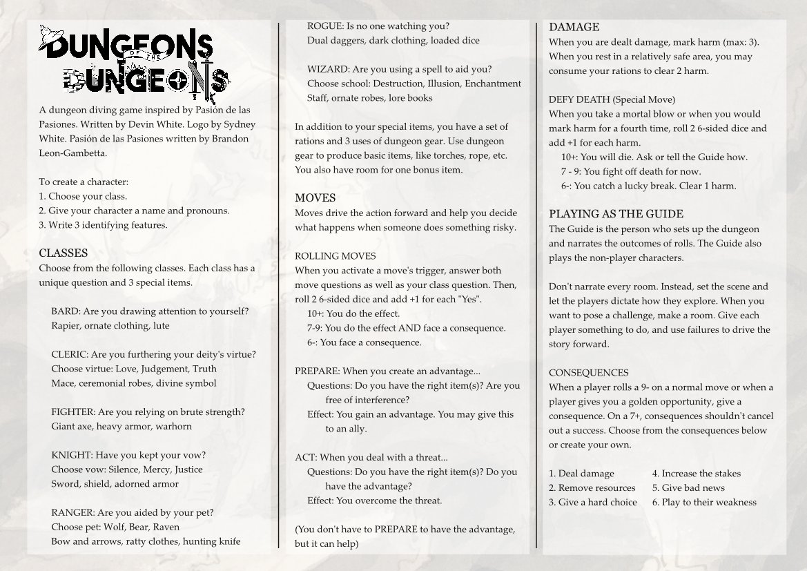 The final version of Dungeons of the Dungeons is below, and you can get the PDF and print version here:  https://dbones90.itch.io/dungeons-of-the-dungeonsI wanted to give a thread on some of the design behind the game and why people should be looking at Pasión de las Pasiones. (1/19)  #tabletopchopshop
