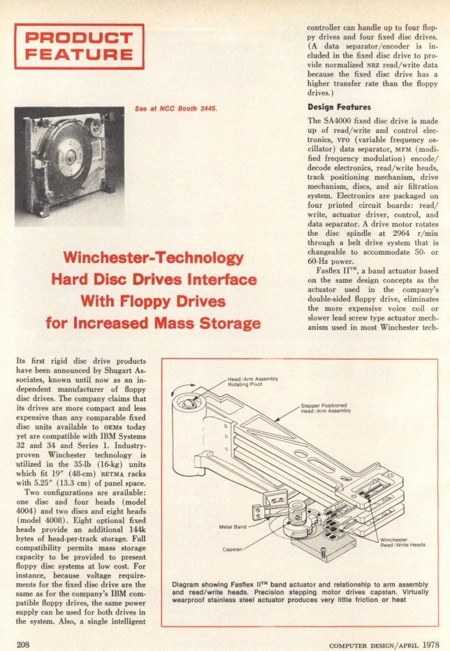 the first hard drive from Shugart. 14.5MB for $2550 ($10K today!) i like the diagram of the head mechanism.