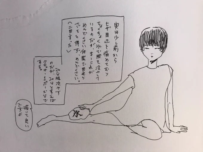 脚冷やしながら描いた。
歩いたり仕事をするには問題ないけど、それ以上の運動(ジョギングや膝に体重がかかる筋トレ)をするのはまだ微妙という苛々する状況である。 