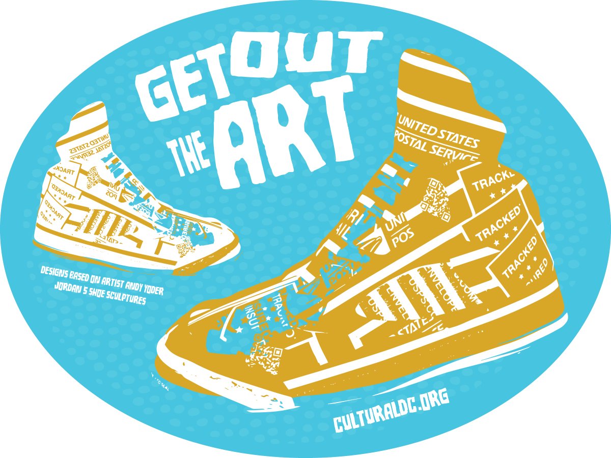 Cultural_DC's tweet photo. When you donate $25 or more to CulturalDC's #GetOutTheArt relief campaign you get this cool sticker inspired by Andy Yoder's Jordan 5 shoe sculpture "Mail"! Donate by midnight TONIGHT (8/10) to have your gift doubled. #GetOutTheVote #SaveUSPS #SaveLocalArts https://t.co/UkmxuwBHBM