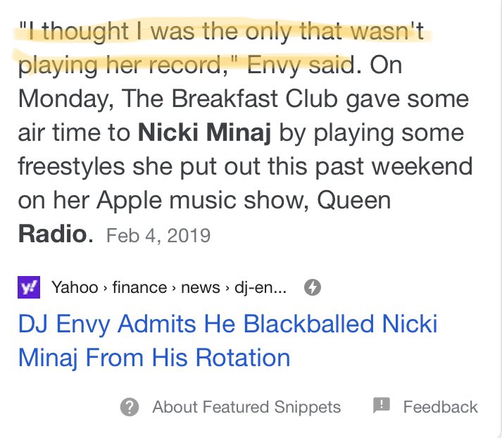 - DJ’s started to admitting thst they were blackballing Nicki on their radio show. TheBreakfastClub spoke on the issue as if it wasn’t a big deal. They knew that radio takes up majority of the billboard charts & knew that she wouldn’t be able to stick on the charts.