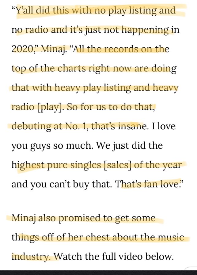 -Fast forward to 2020 Nicki has scored 2 #1 singles all with the barbz help w/ no playlisting & no radio. She goes on to show her fans major love for the genuine support. This is the first time an artists debuts on the top of the charts while blackballed it’s literally unheard of