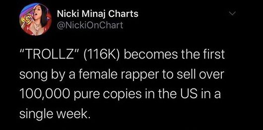-When TROLLZ debuted at #1 DJ’s were complaining about Nicki & 69 “cheating with merch bundles” even though they went #1 with mainly PURE SALES & even without the bundles they still would have went #1 but those same DJ’s were calling Nicki “crazy” when she spoke about it 