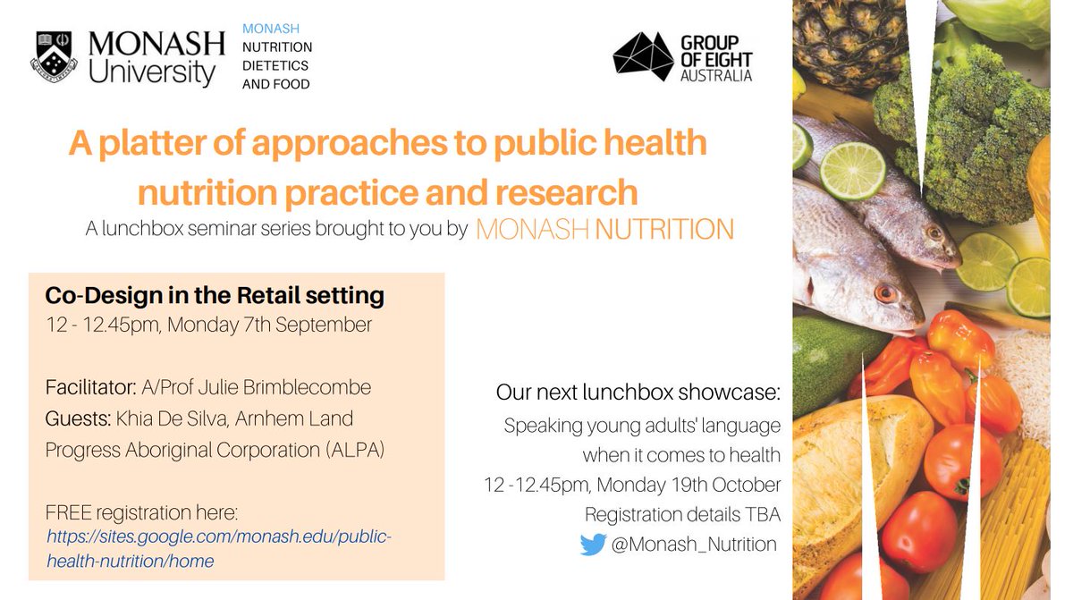 Lunchbox seminar series organised by our Public Health team will showcase emerging approaches to best-practice in public health nutrition. Enjoy the 1st interactive seminar featuring <a href="/FoodForAllJulie/">Julie Brimblecombe</a> and Khia De Silva (ALPA). Registration FREE!
sites.google.com/monash.edu/pub…