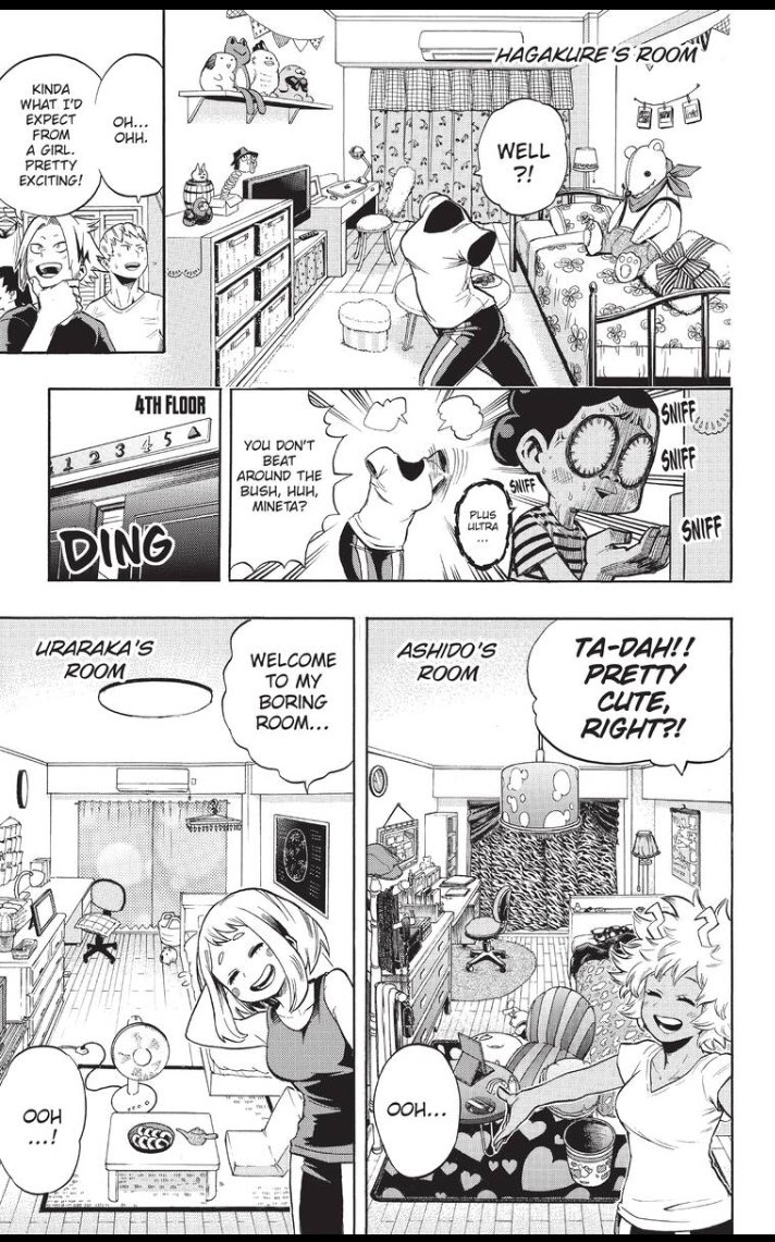 Reading the room king chapters where we get a look at most students room, her’s, alongside Tooru & Ochaco are really what you’d expect from teenagers, in comparaison we have Jiro’s room music studio & Momo’s that screams “rich girl”.