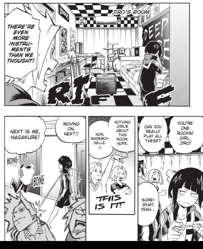 Reading the room king chapters where we get a look at most students room, her’s, alongside Tooru & Ochaco are really what you’d expect from teenagers, in comparaison we have Jiro’s room music studio & Momo’s that screams “rich girl”.