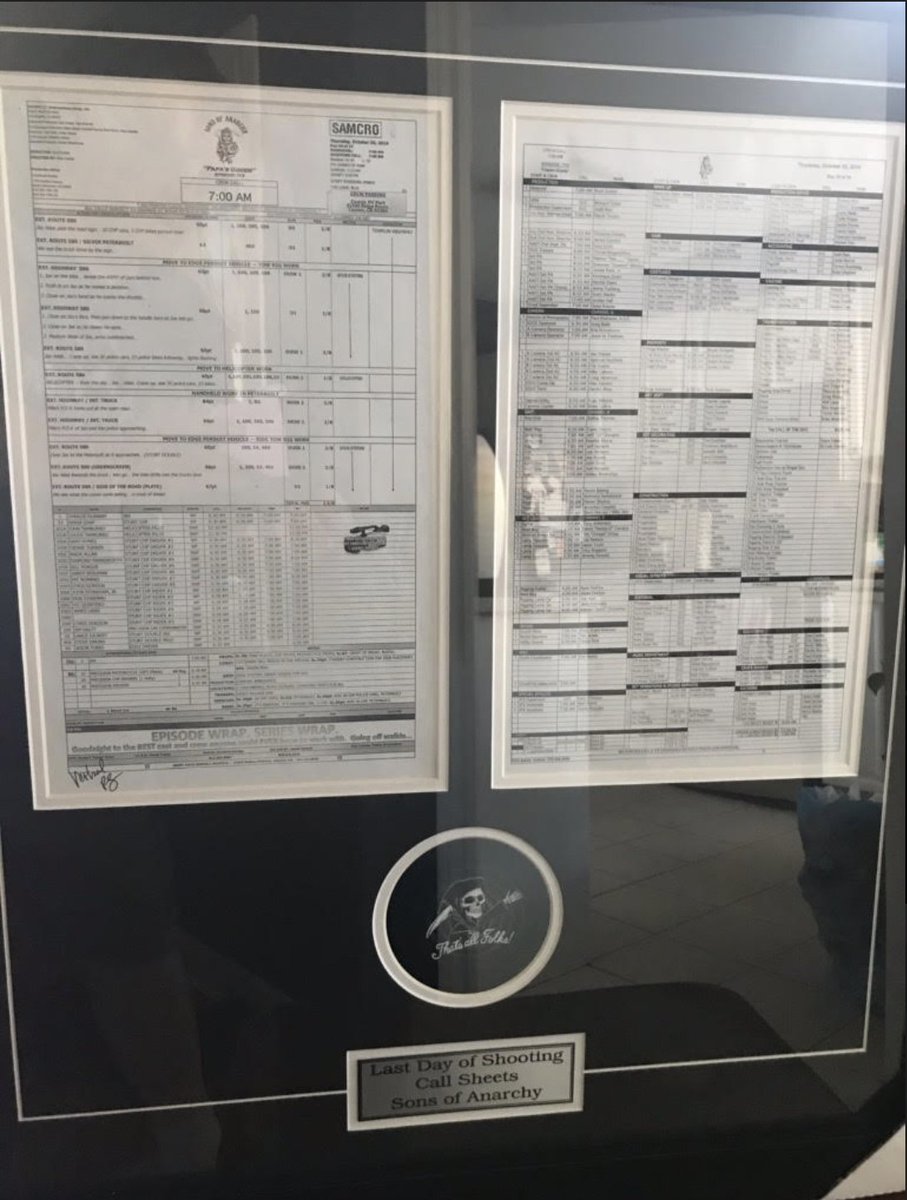 Mikescycles's tweet photo. I framed these call sheets from the very last day of shooting Sons of Anarchy. Great addition to my SoA collection. Really miss the show. #SOA #SutterThinks https://t.co/JyanYFAaD8