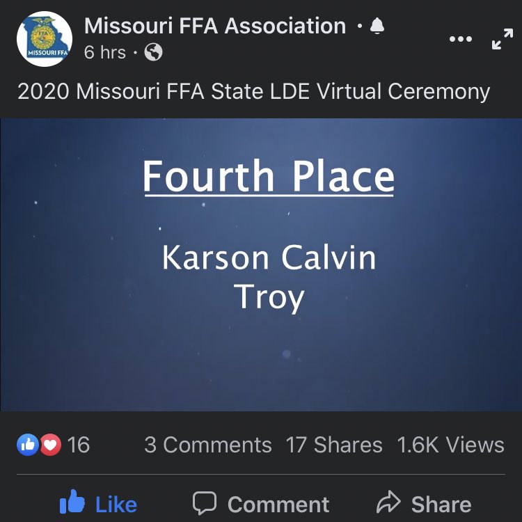 troyffa's tweet photo. Congratulations Karson Calvin on being recognized today as Missouri FFA’s 4th place FFA Creed Speaker. Great job! https://t.co/TRuneEr8wn