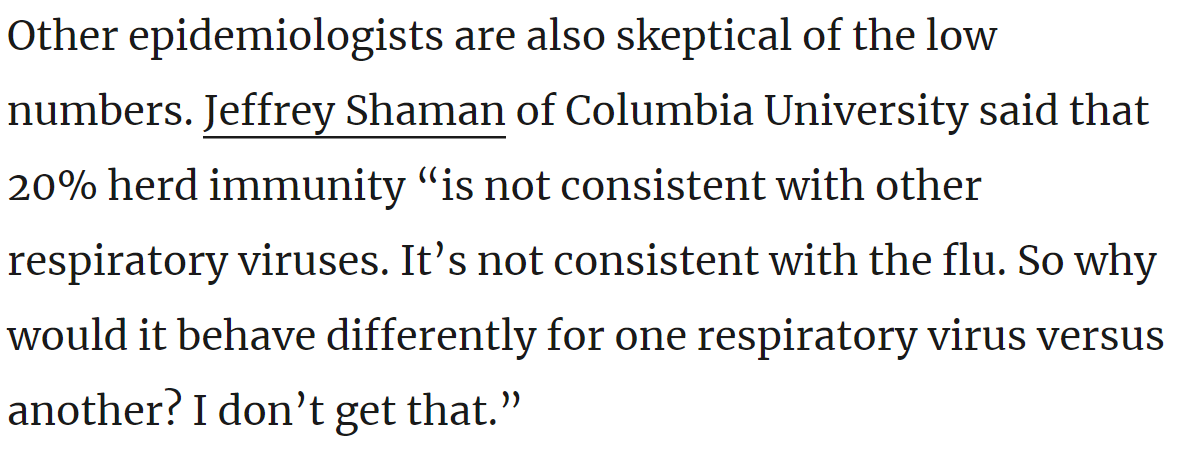 Note that special pleading will not work, including claiming ridiculously high levels of heterogeneity ad hoc, beyond what one should expect for a respiratory virus like SARS-CoV-2. https://twitter.com/bansallab/status/1259970552074207238 https://www.cambridge.org/core/services/aop-cambridge-core/content/view/C24D3E55E075B29059AF654BB6D84576/S1446181113000035a.pdf/spatial_heterogeneity_in_simple_deterministic_sir_models_assessed_ecologically.pdf https://twitter.com/AtomsksSanakan/status/1287793110613987331 https://www.quantamagazine.org/the-tricky-math-of-covid-19-herd-immunity-20200630/
