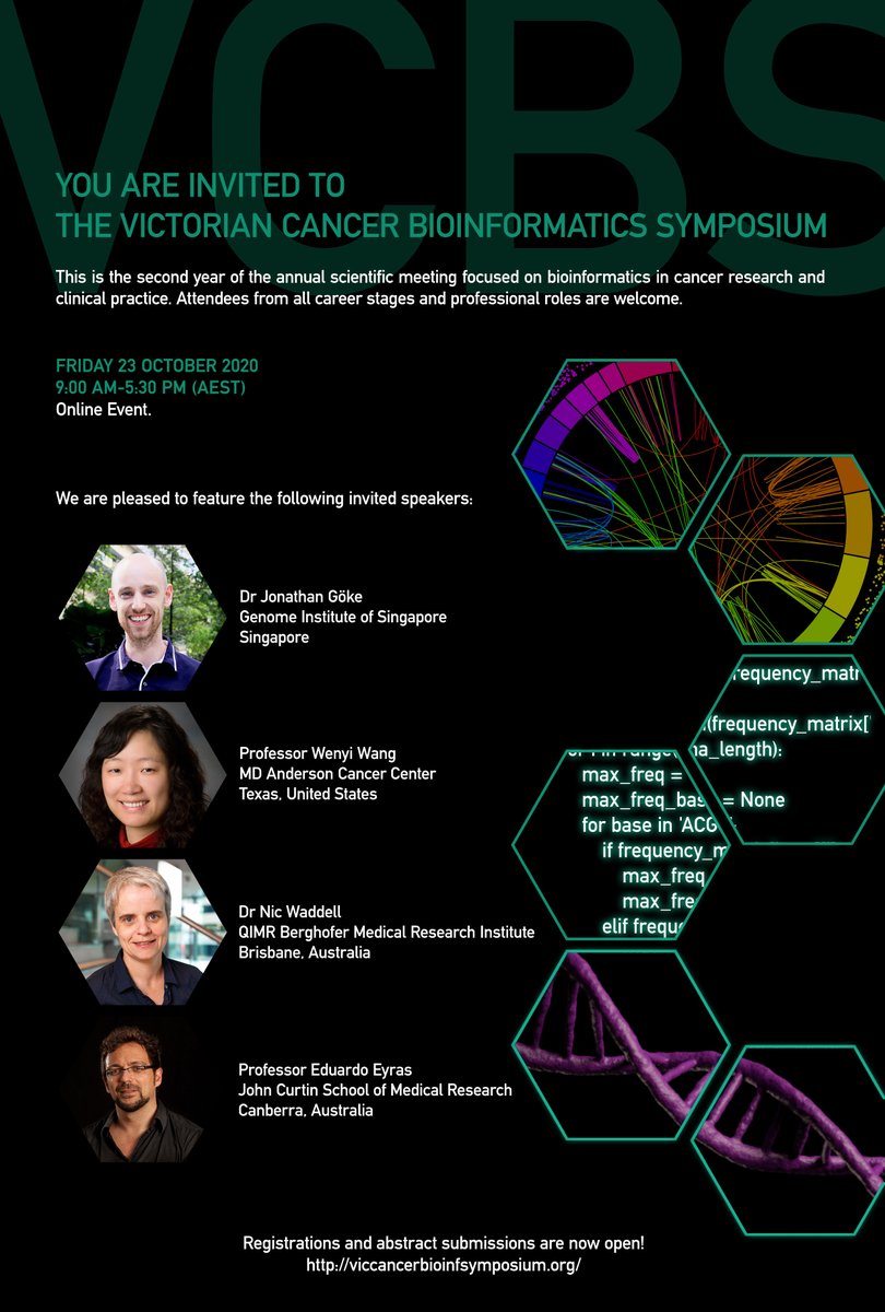 Calling all Au/NZ bioinformaticians - The Victorian Cancer Bioinformatics Symposium is happening online Friday 23 October. Registrations and submissions are now open: viccancerbioinfsymposium.org <a href="/MWC_CoRE/">Maurice Wilkins Centre</a> <a href="/GenomicsNZ/">GenomicsAotearoa</a> @mikblacknz <a href="/Ngoni_Faya/">Ngoni Faya</a>