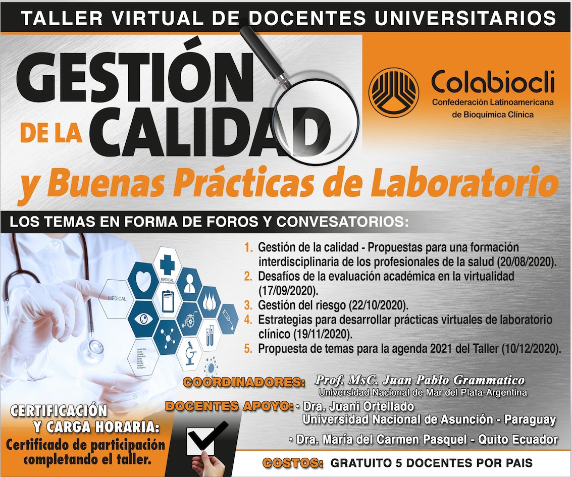 colabiocli's tweet photo. COLABIOCLI te invita a participar del taller virtual de docentes universitaorios:

"Gestión de la Calidad y Buenas Prácticas de Laboratorio"

 Más información en:
👉 https://t.co/ou03lxB8N9 https://t.co/L2Ca8gQUoi