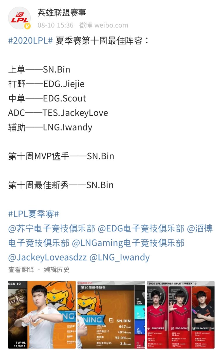 JINSue_JS's tweet photo. @lplenglish Weibo Updates
#2020LPL The Best Line-up of Week 10
Top-SN. Bin
Jungler-EDG. Jiejie
Mid-EDG. Scout
ADC-TES. JackeyLove
Sup-LNG. Iwandy
Player of Week 10-SN. Bin
Rookie of Week 6-SN. Bin
(Rookie of the Week Nominees: OMG. Sora, LNG. Iwandy, BLG. FoFo, EDG. Xiaoxiang) https://t.co/vZcXIWOBQY