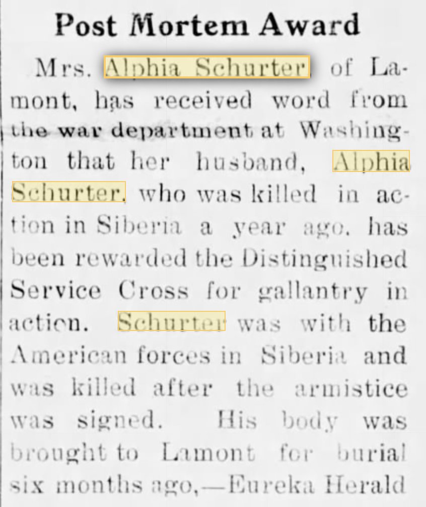 Note that it says Schurter was with Co. M, 62nd Infantry. A 1920 news article on the anniversary of his death noted that his wife received Schurter's DSC. I had no idea he'd won it, so I looked it up just now.