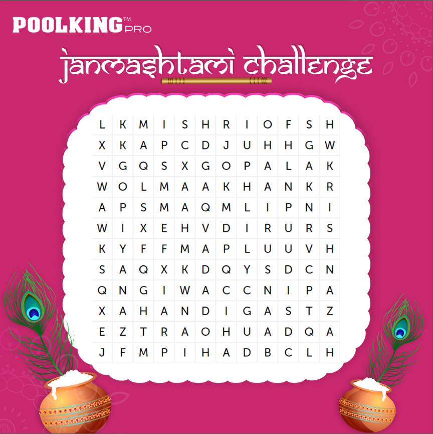 poolkingdotin's tweet photo. #ContestAlert It's time to win big!🤩
Look carefully for the words related to Janmashtami in this word puzzle and share your answers with us in the comments below.👇
3 lucky winners will win Bonus up to Rs.200 in their Pool King account.😍
#Janmashtami #Krishna #poolking https://t.co/mtv8r8kznH