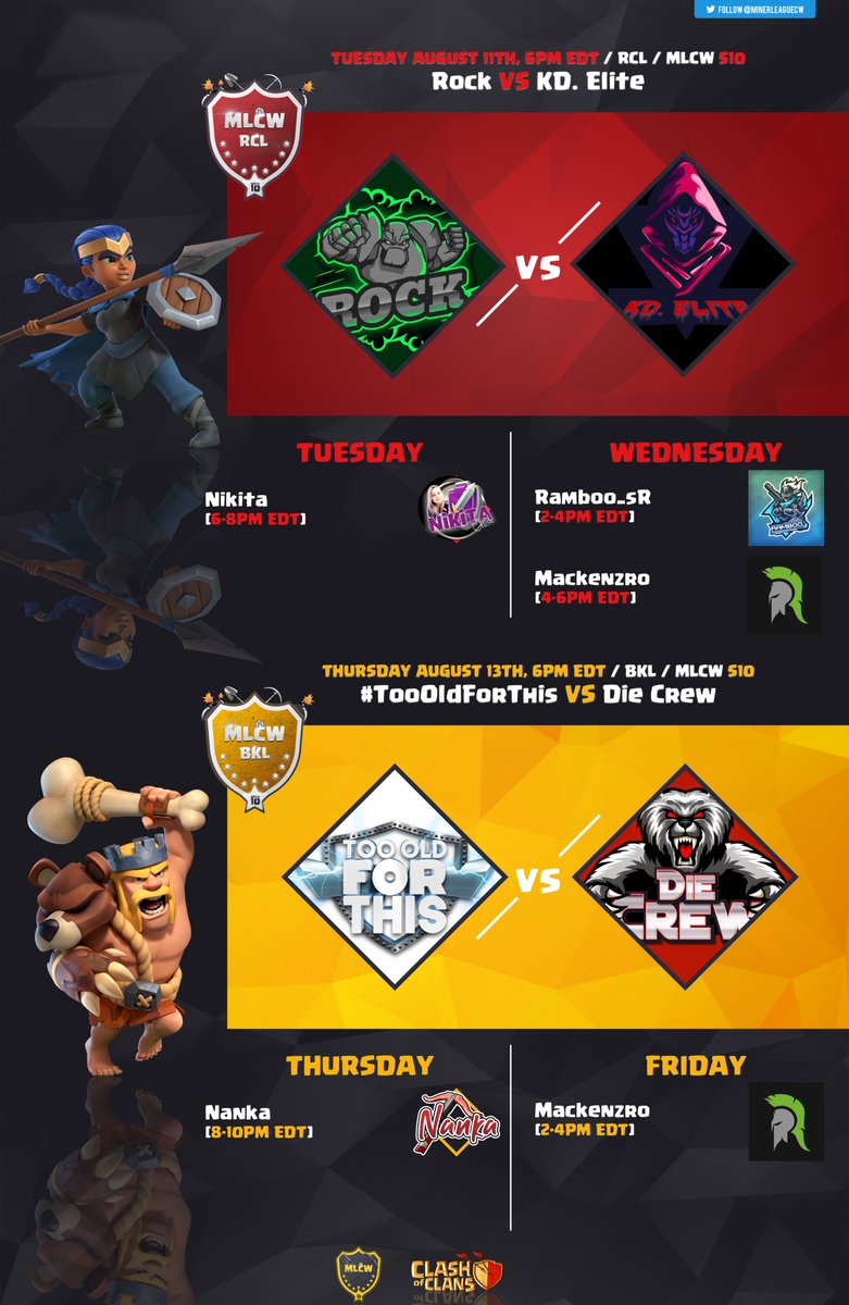 It's time for the last two Grand Finals of the season. On Tuesday we are covering the RCL final between <a href="/R__Coc/">Rock 🇸🇦</a> and KD. Elite. On Thursday we continue the show with the BKL final between <a href="/toftCOC/">#TooOldForThis</a> and <a href="/DieCrewCoC/">Die Crew</a>, a German show which you don't want to miss!

Who will grab the 🏆?