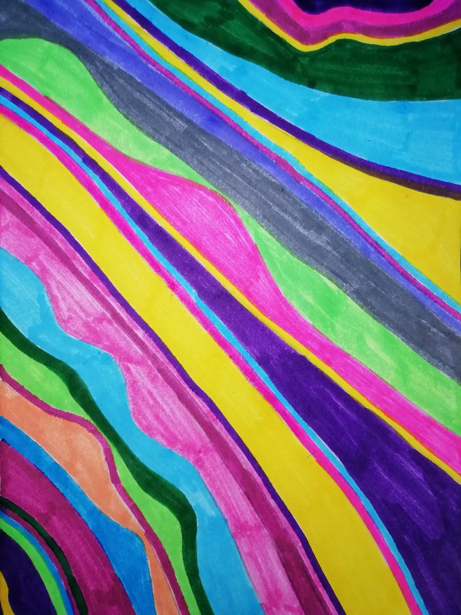 commswizard's tweet photo. Day 10 - draw a number of lines &amp; colour them in (channel your Paul Smith). I learned I'm fastidious about good edges; I like the pink/yellow/purple combo; I like to repeat colours, not keep adding new ones; pens that run out are irritating.
#31DaysOfCreativity 
@commscreatives https://t.co/N1ZJJJLht5