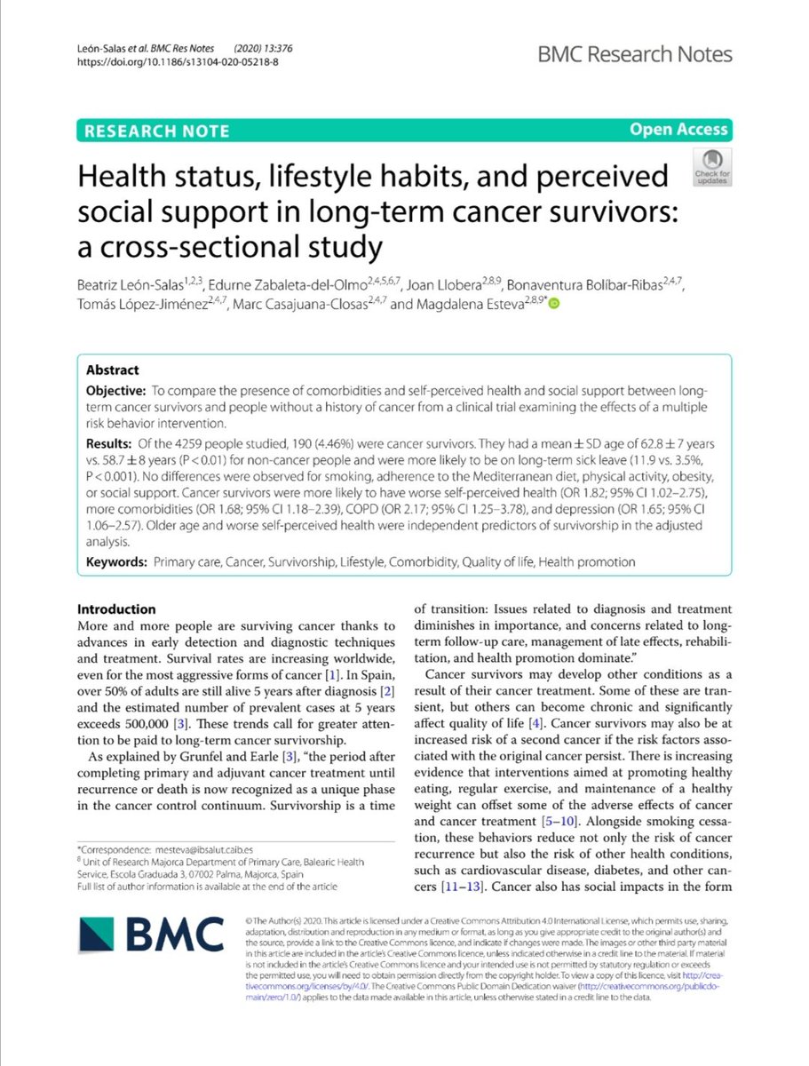 B_LeonSalas's tweet photo. Nueva nota de investigación publicada! #Estado_deSalud y #Estilos_de_vida en largos supervivientes de #Cancer @estudio_EIRA #RedIAPP @redissec @_SESCS_ @apmallorca Descarga de artículo en: https://t.co/iZWkGUROej https://t.co/STWUiJRn6T