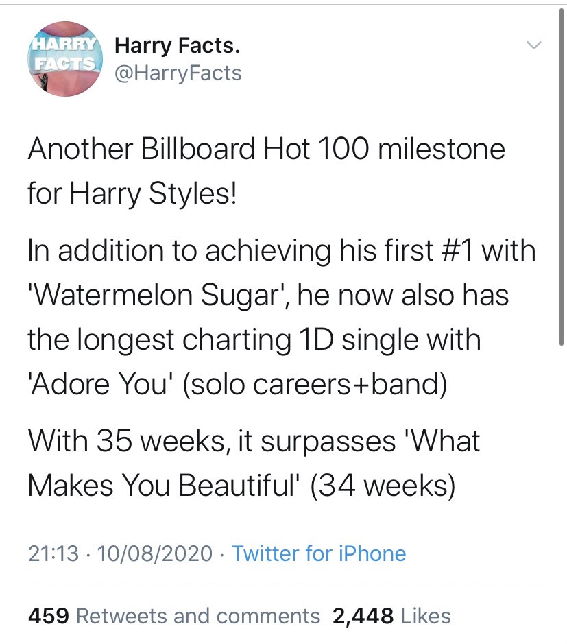 -“Adore You” rises to #12 on its 35th week on the Billboard 100 chart. -Harry has TWO albums on this week billboard 200 chart- fine line at #7 and “Harry styles” re enters after 3 years at #152.-“Watermelon Sugar” is officially DOUBLE platinum in the USA.