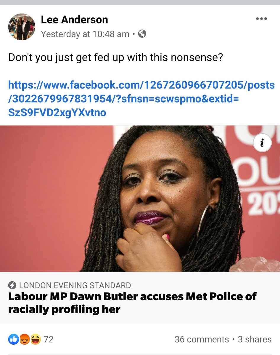 2/ Here's the screenshot of the original post incase Lee Anderson MP deletes it.The comments from his personal friends on Facebook towards Dawn Butler are abhorrent, yet the Tory MP does nothing to challenge it. #IStandWithDawnButler