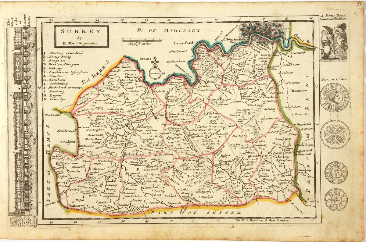 SirGeogy's tweet photo. Lovely 18th C map of #Surrey 1724, labels River Mole thru Mole Gap north of #Dorking as "here the river runneth underground" which it only does rarely now. (Also ignores fiddly meanders!) Spot #BoxHill shown west of Mole Gap, it's east of it of course. https://t.co/Netiv83rXA https://t.co/MlmAwVZVoS