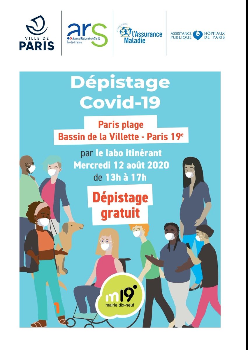 Bonne nouvelle ! Opération de dépistage COVID19, mercredi 12 août, de 13h à 17h au Bassin de la Villette - Paris Plages en partenariat avec l'<a href="/ARS_IDF/">ARS Île-de-France</a>, <a href="/cpam75/">WebCPAM</a>, <a href="/APHP/">Assistance Publique – Hôpitaux de Paris (AP-HP)</a> et <a href="/Paris19e/">Mairie du 19e</a>
<a href="/Anne_Hidalgo/">Anne Hidalgo</a> <a href="/annesouyris/">Anne Souyris</a> <a href="/sevguy/">Séverine Guy</a> <a href="/FrancoisDagnaud/">François Dagnaud</a>  #DASES #Dépistage #COVID19 #TestCOVID #Paris19