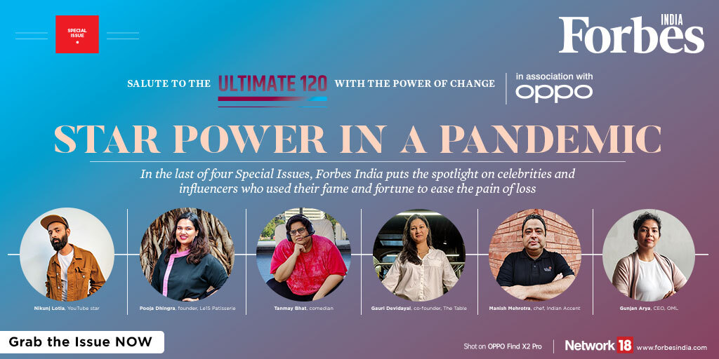 These 30 celebrities and influencers used their fame, clout and network to do good by raising funds, donating protective wear, lending their voices for pertinent causes, and more. Read the inspiring stories of #ForebsIndiaUltimate120: forbesindia.com/ultimate-120-o… @oppomobileindia