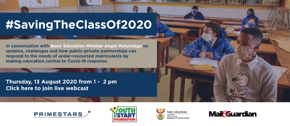 primestarsSA's tweet photo. Matric in the year of Coronavirus – what will happen to the class of 2020? Join Primestars, YouthStart Foundation, The Department of Basic Education, and M&amp;G as they explore this issue. Register: https://t.co/F0YXExIc6R 

#SavingTheClassOf2020 #backtoschoolSA #Covid19inSA https://t.co/oYi4r7WQ2r