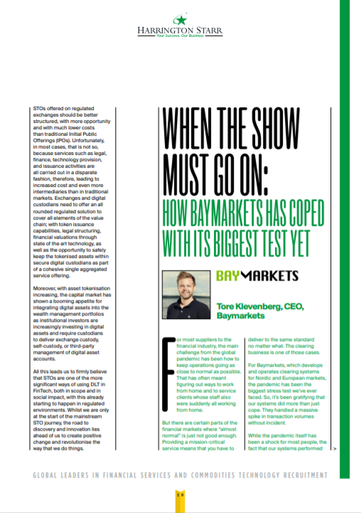 Baymarkets's tweet photo. Tore Klevenberg, CEO at Baymarkets, features in the latest edition of The Financial Technologist magazine by @HarringtonStarr 
 
Tore talks about how Baymarkets has dealt with challenges arising from the pandemic. Access the full edition here: https://t.co/mRaOBNMGtq https://t.co/Z4mkUcaWSh