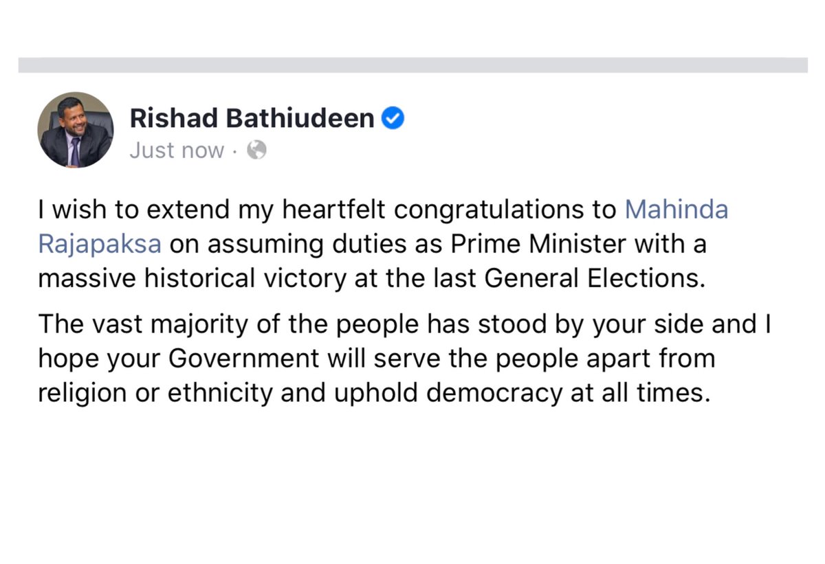 rbathiudeen's tweet photo. I wish to extend my heartfelt congratulations to @PresRajapaksa on assuming duties as Prime Minister with a massive historical victory at the last General Elections.
#lka #lkaelection2020 https://t.co/eNwR5tSdFd
