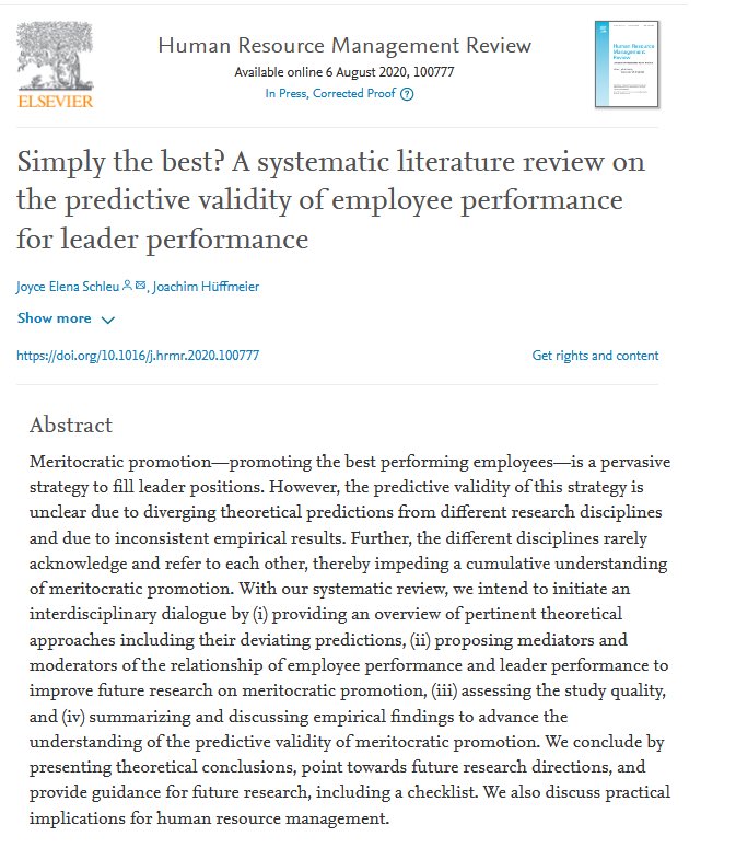 jeschleu's tweet photo. New paper with Joachim Hüffmeier in Human Resource Management Review:

Simply the best? A systematic literature review on the predictive validity of employee performance for leader performance 

#HRMR #Meritocracy

https://t.co/5CHbm4bomr

@ElsevierNews https://t.co/nuQaS5TMzr