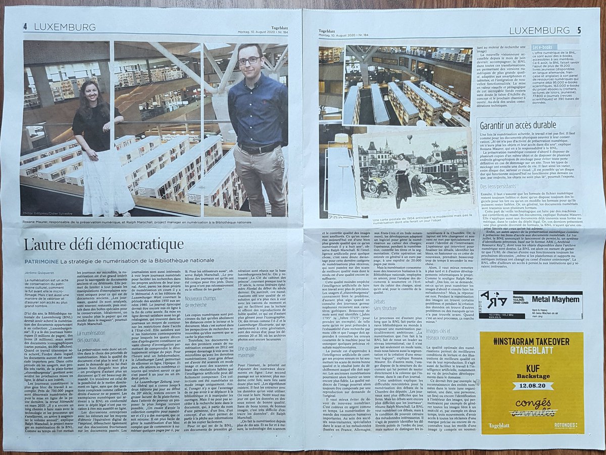 RoxPoNinja's tweet image. Yesterday&apos;s edition of Tageblatt, Luxembourg&apos;s second biggest daily newspaper, ran a 2-page article about #Digitization, #DigitalPreservation &amp;amp; even #PersistentIdentifiers @bnluxembourg, from an interview with @RalphMarschall &amp;amp; myself tageblatt.lu/headlines/la-n…