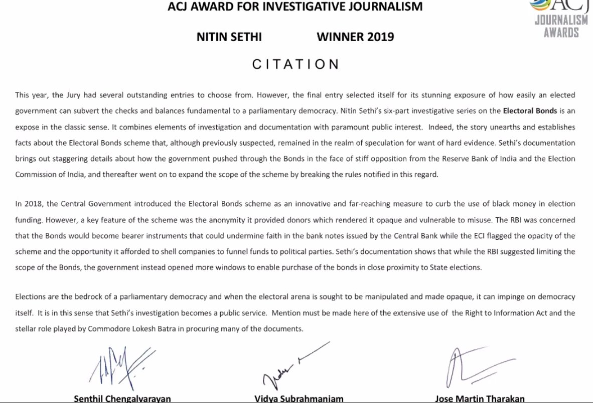 1. We won  @ACJIndia's award for Investigative journalism this year. It was for the Electoral Bonds series that ran eventually into 10 parts, 7 languages and 11 publications.I purposefully use 'we'. It took a whole village of people to get the series out.