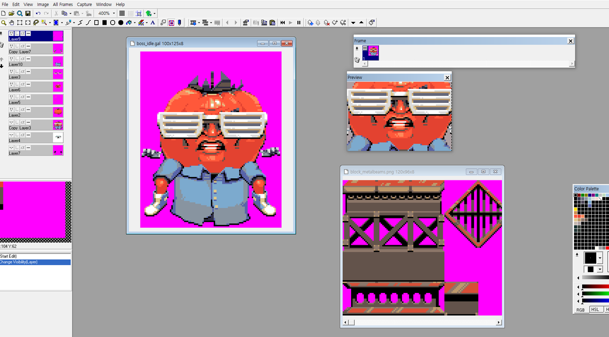 Grafx2 : + 인터페이스가 귀엽습니다. (디럭스페인트를 닮았어요!) + 커스텀 디더링 등 특화된 기능들 + 주로 로고작업이나 일반적인 도트 찍을때...