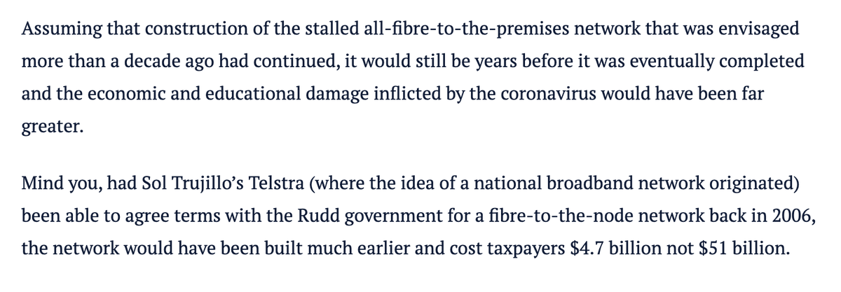 And this alternate history is just magical. Sure, a national FttN network for “$4.7 billion not $51 billion” because of course it would have been [rolls eyes].