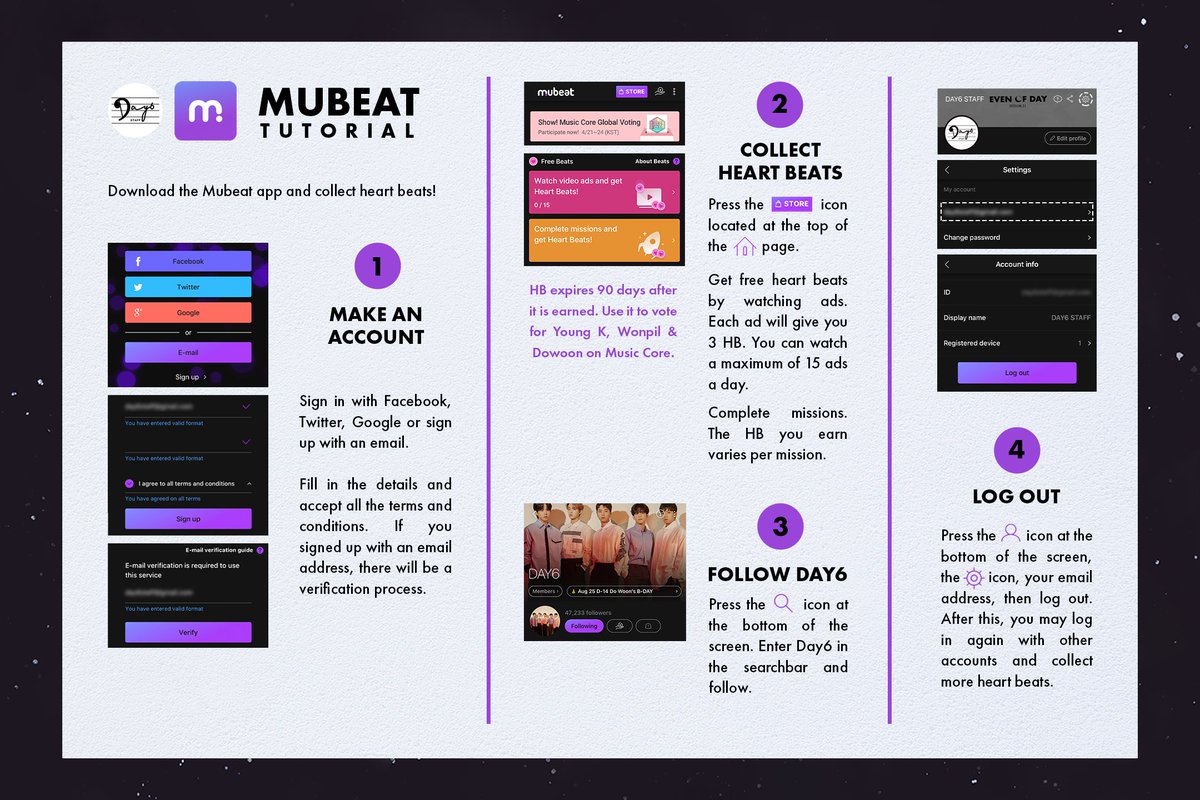 day6staff's tweet photo. MY DAY! 📢

Please be guided with this graphic for the Mubeat app below; as a form of preparation for Music Core voting, we implore everyone to create many accounts and start collecting heart beats as early as now! 💜

iOS: https://t.co/SH9204a6Cn
Android: https://t.co/WMoESJxUo1 https://t.co/8Kz42oX6m5