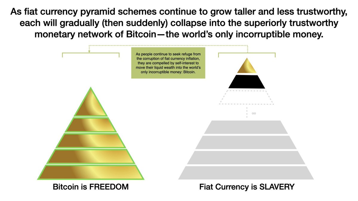 Symbolized by its fixed height in this image, the absolute scarcity of the # Bitcoin monetary pyramid increasingly outcompetes fiat currency pyramid  schemes as they grow comparatively taller and less trustworthy through  supply