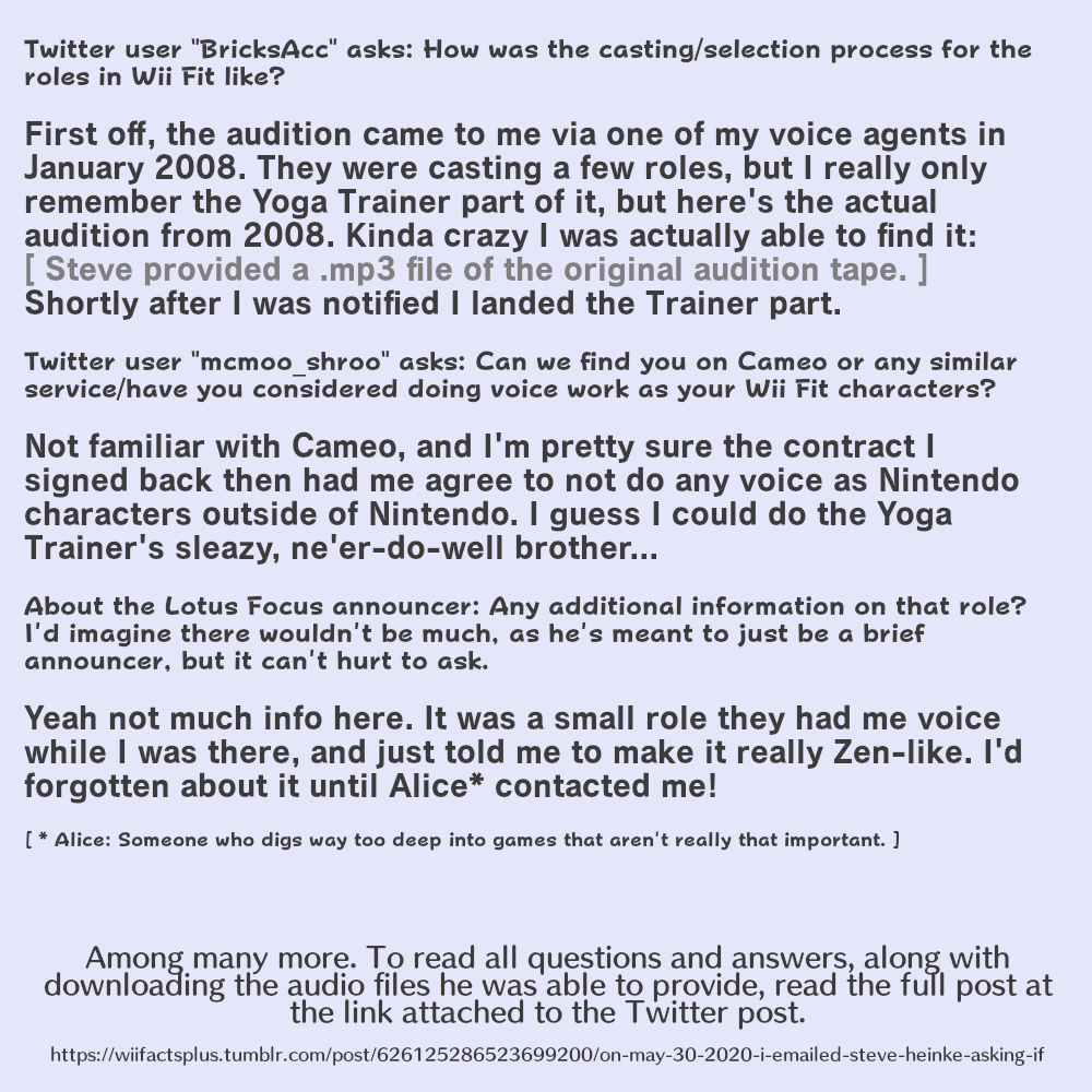 Wii Facts Plus on X: On May 30th, I emailed voice actor Steve Heinke, who  you may know as the voice of many characters in the Wii Fit games, most  notably the