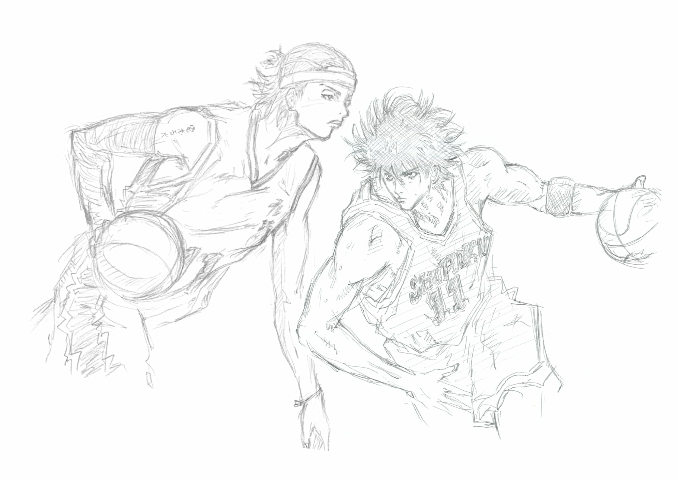 H N Hn Creatures 勝手にドリームマッチ これがしたかったんだ どっちもボール持ってるのはまぁ この際気にしないｗ 落書き イラスト ラフ画 スラムダンク 流川楓 あひるの空 夏目健二 トビ Illustration アニメ ジャンプ