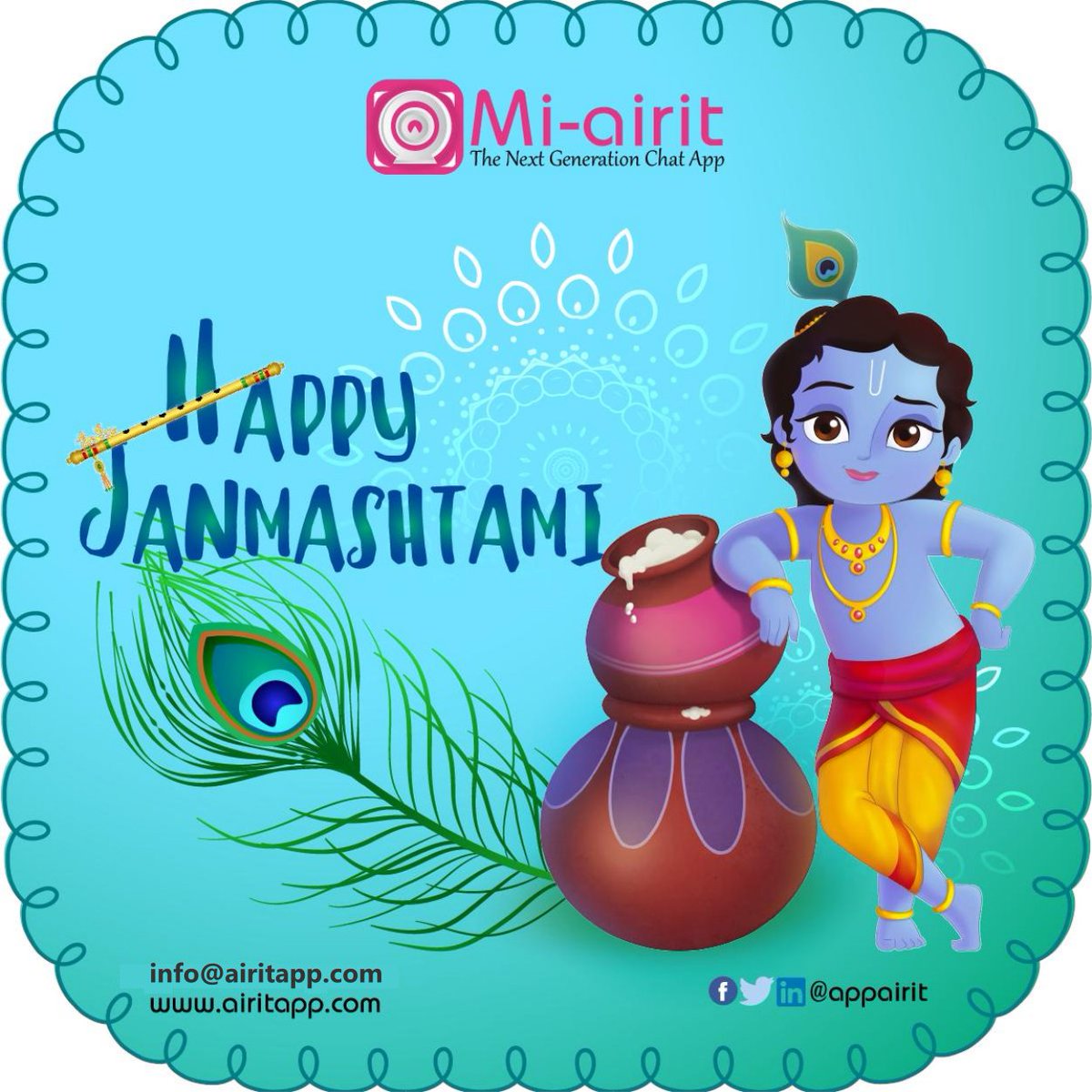 appairit's tweet photo. May "Natkhat Nandlal" bring lots of love and joy in your life.
#HappyJanmashtami everyone.
Know more about the #MiAirit App,
do visit our website:- https://t.co/gedncJGIvT
#india #chatapp #businesschatapp #sociamedia #androidapp #iosapp https://t.co/WbMJ3tpUEl