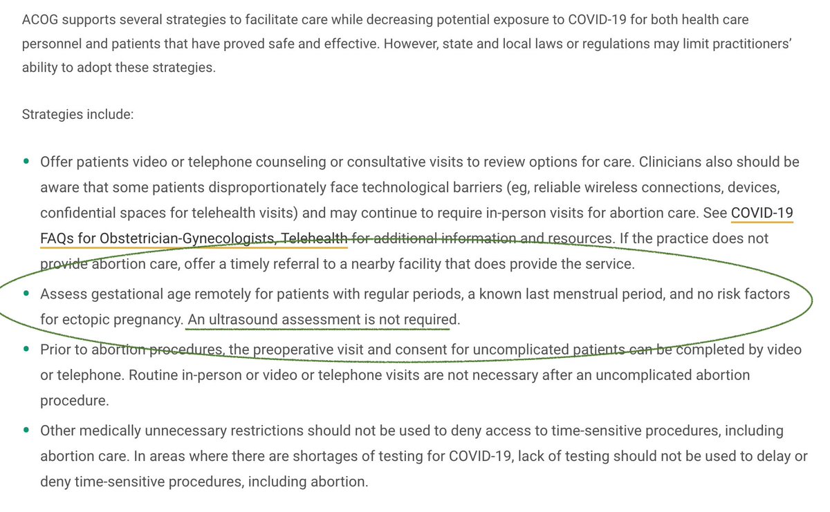  @acog has said that ultrasound is not required prior to medication abortion for patients with a sure last period and no risk factors for ectopic pregnancy. ( https://www.acog.org/clinical-information/physician-faqs/covid19-faqs-for-ob-gyns-gynecology)FYI: Ectopic pregnancy occurs in <1% of those seeking medication abortion.