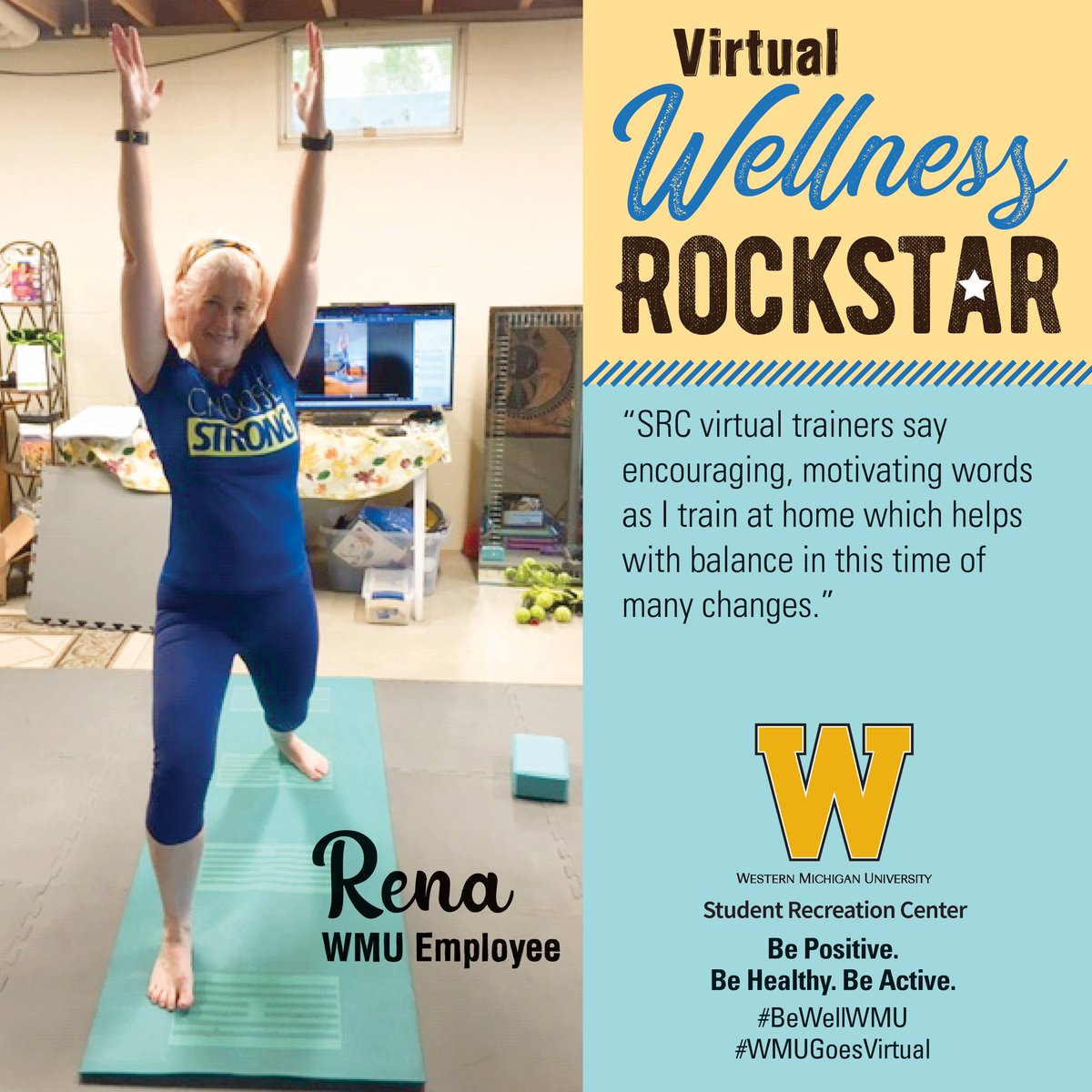 wmureccenter's tweet photo. Meet Rena, a WMU employee who participates in our Facebook Live workouts. #BeWellWMU #WMUGoesVirtual #WMUSRCcares
“The SRC virtual videos have a workout for any body–yoga, HIIT, Zumba, and tighten & tone to name a few.” —Rena https://t.co/U5WGsWYNAt