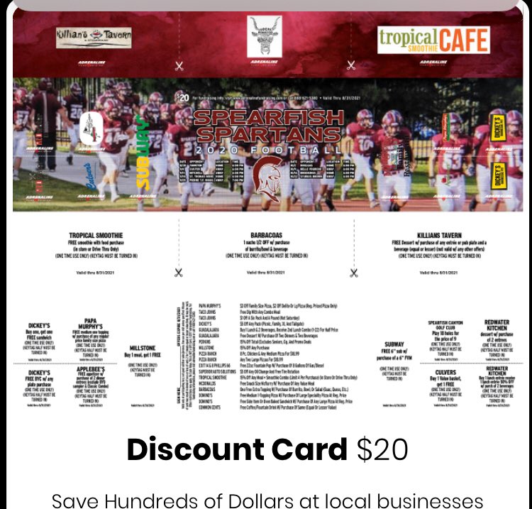 It is that time of the year again. We are selling our annual discount cards! If you are interested in one please let us know and one of the Spartan Football players will reach out to you!